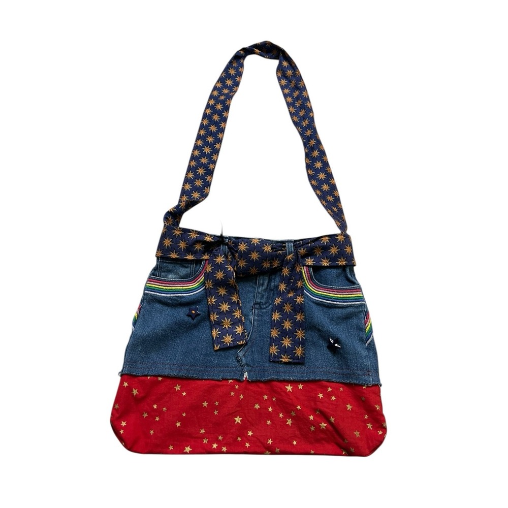 Handmade Denim Shoulder Bag Womens Medium Blue Red Star Upcycled Boho Y2K Purse‎
